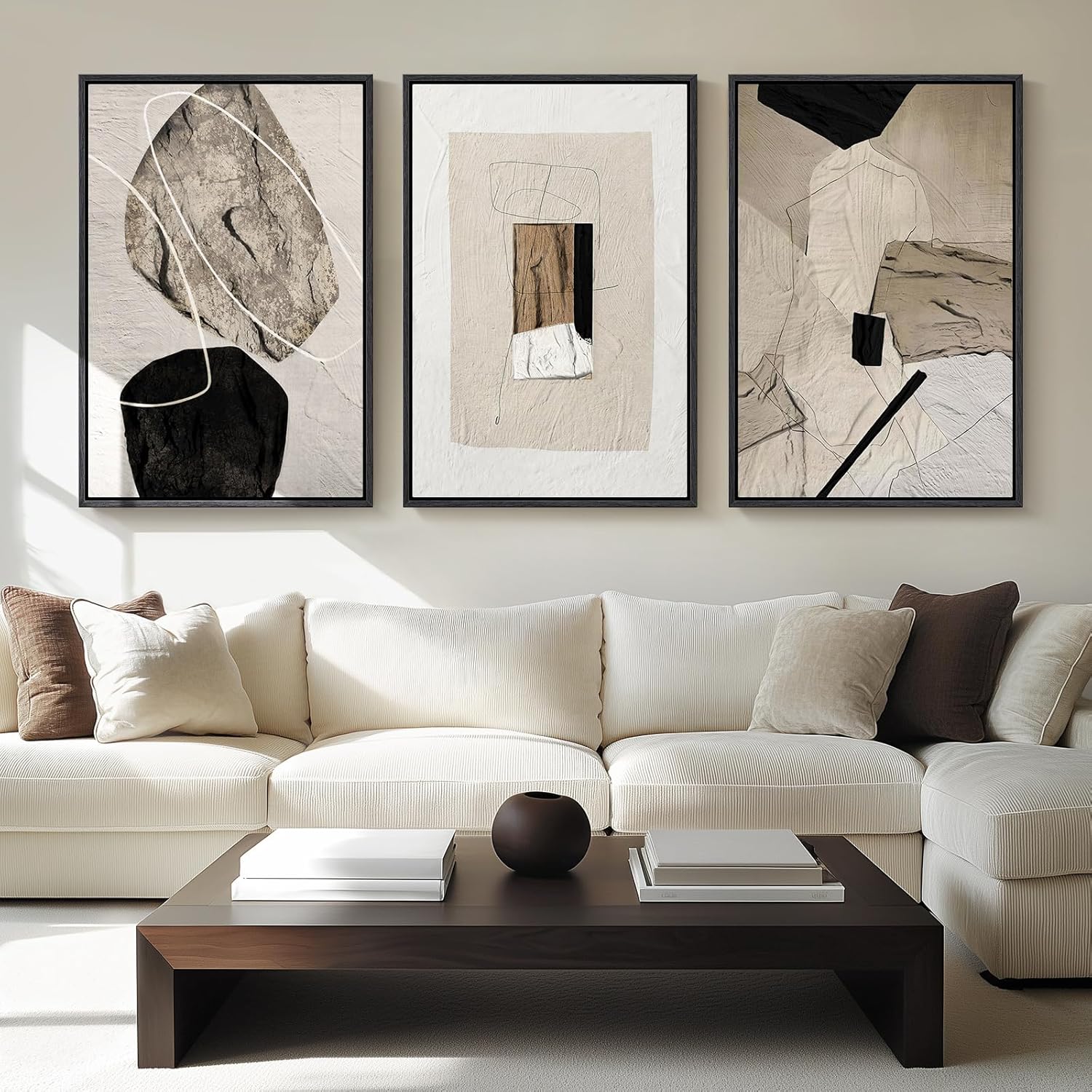 Black and Beige Simple Abstract Tri-Panel Home Decorative Wall Painting